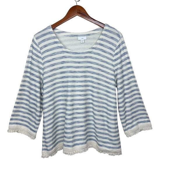J.Jill Women’s  Size LP Striped Fringe Pullover Sweater  3/4 Sleeve Minimalist - Picture 1 of 14